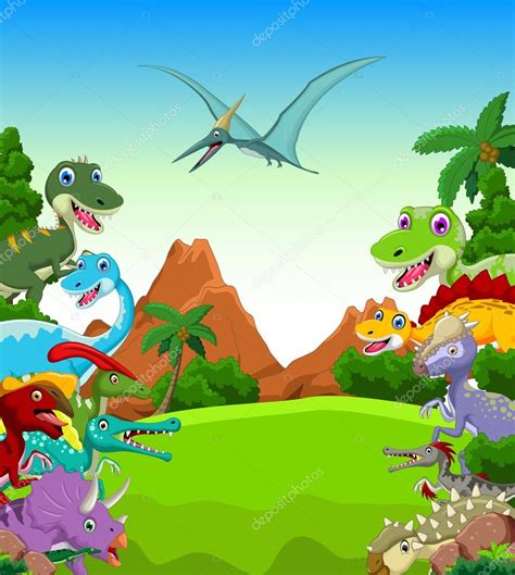 Dibujos animados de dinosaurios con fondo de paisaje ...