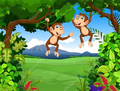 Dibujos animados de monos con fondo de paisaje — Vector de ...