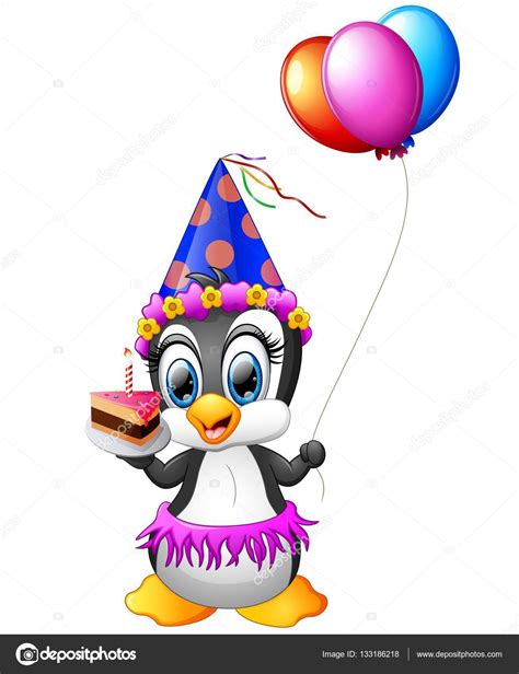Dibujos animados feliz pingüino sosteniendo globos y ...