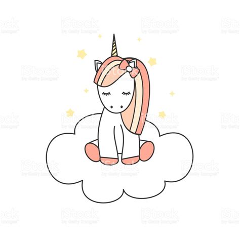 Dibujos Animados Lindo Unicornio Pequeño Sobre Una Nube ...