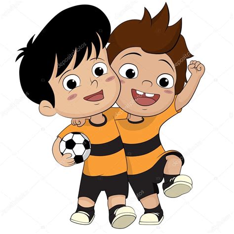Dibujos animados los niños fútbol. Chico amable dos ...