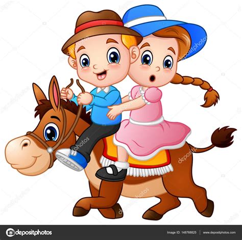 Dibujos animados niño y niña a caballo — Archivo Imágenes ...