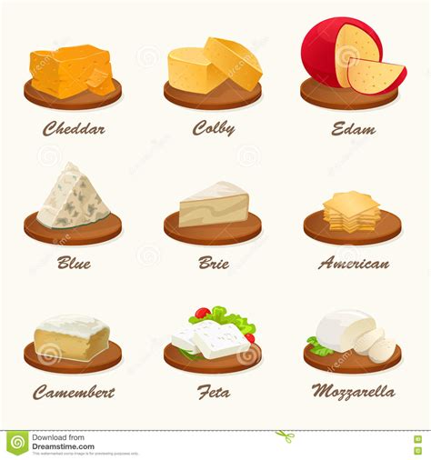 Different Kinds Of Cheese On Cutting Board. Vector ...
