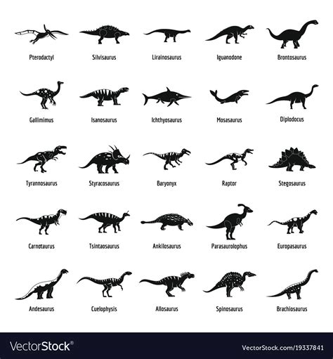 Dinosaur types signed name icons set simple style Vector Image
