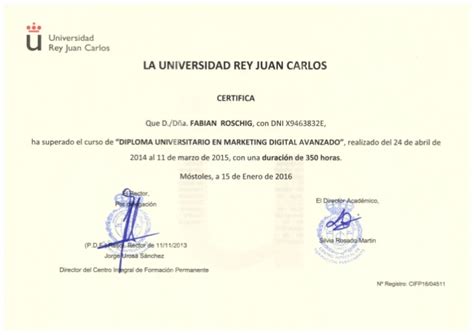 Diploma Universidad Rey Juan Carlos Madrid