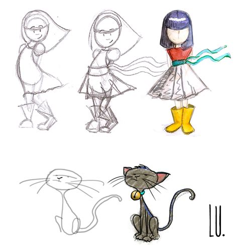 Diseño de los personajes Aurora y Gaviota. Bocetos | LU.
