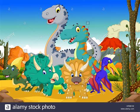 Divertidos dibujos animados dinosaurios en la selva con el ...