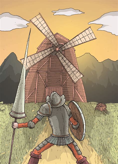 Don Quijote peleando con un  gigante , que en la realidad ...