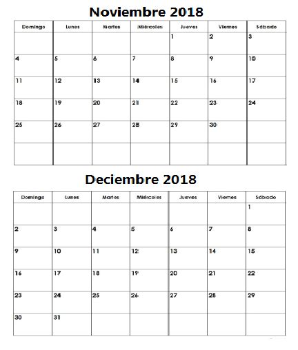 Dos Meses Calendario Noviembre Diciembre 2018 Imprimible ...