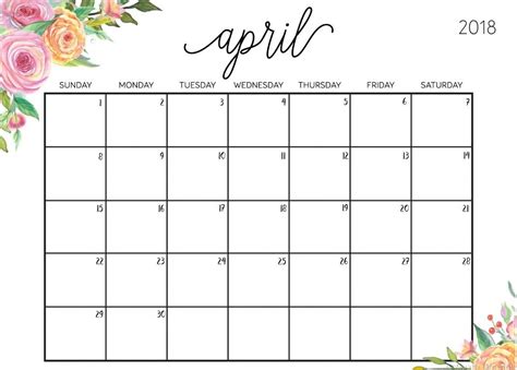 Editable April 2018 Floral Calendar | Calendar 2018 ...