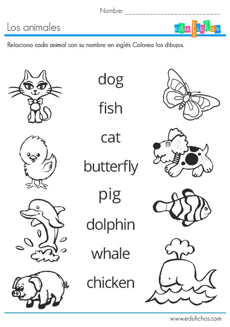 Ejercicio con los nombres de animales en inglés. Fichas gratis