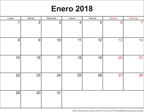 Enero 2018 Calendario para Imprimir   Calendarios Para ...