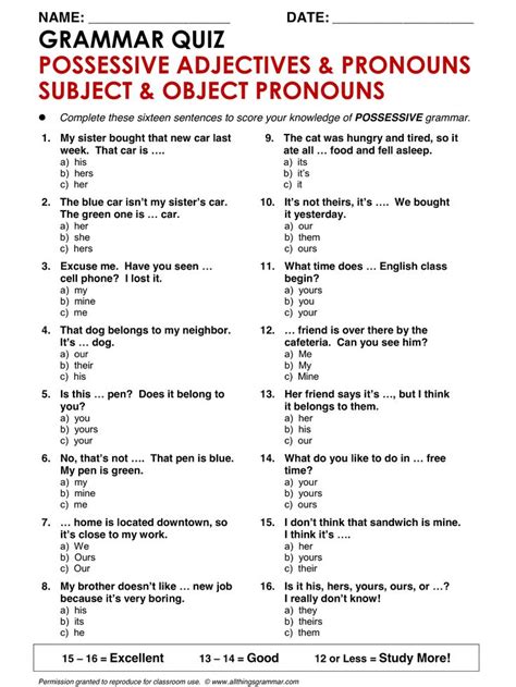 English Grammar Possessive Adjectives & Pronouns / Subject ...