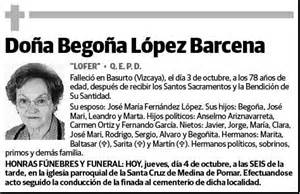 Esquela de LOPEZ BARCENA,BEGOÑA publicada en El Correo ...