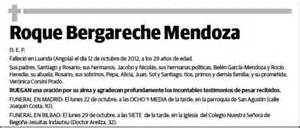 Esquela de ROQUE BERGARECHE MENDOZA, publicada en El ...