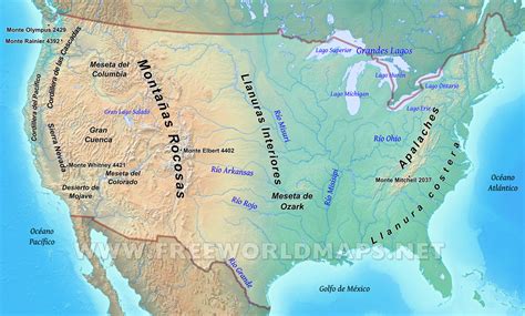 Estados Unidos   Mapa físico de los Estados Unidos
