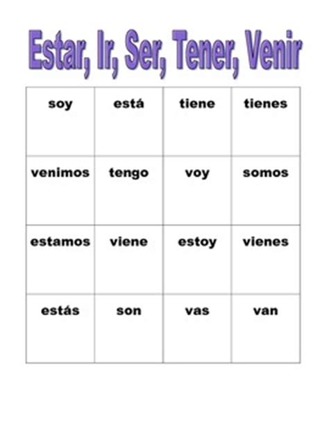 Estar, Ir, Ser, Tener Venir Spanish verbs Bingo by jer | TpT