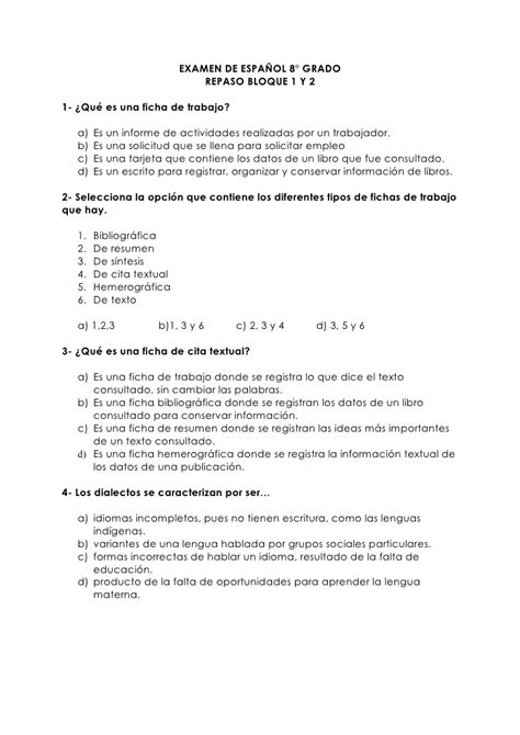 Examen De EspañOl 8 Repaso De Enlace