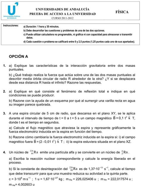 Examen de Selectividad: Física 1. Andalucía. Convocatoria ...
