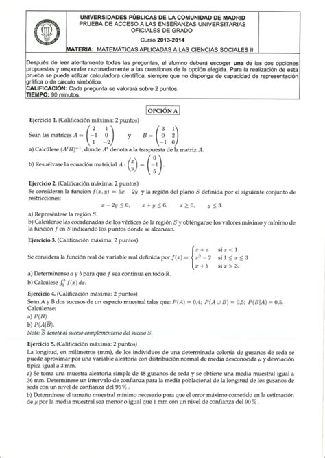 Examen de Selectividad: Matemáticas CCSS. Madrid ...