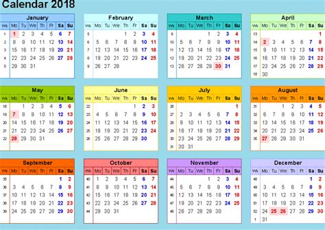 Excel 2018 Calendar Template