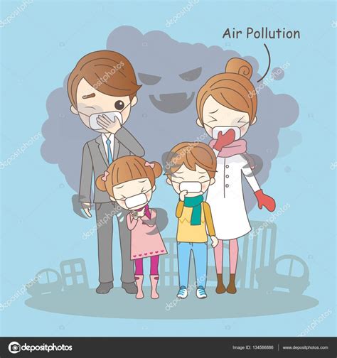 familia de dibujos animados con la contaminación del aire ...