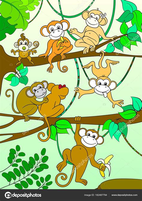 Familia de monos en un libro de color de árbol para niños ...