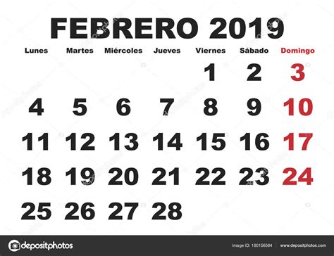 Febrero 2019 pared calendario Español — Vector de stock ...