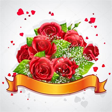 Feliz día de San Valentín con rosas rojas y lazo amarillo ...