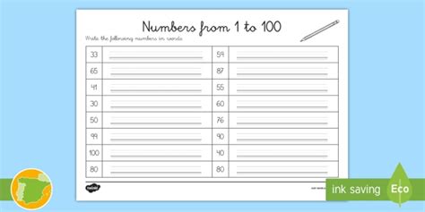 Ficha de actividad: Escribir números del 1 al 100   Inglés