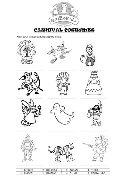 Fichas de Carnaval en inglés para niños para colorear