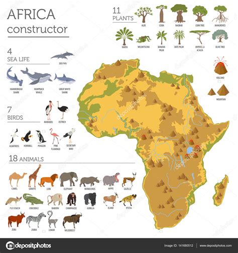 Flat Africa flora and fauna map constructor elements ...