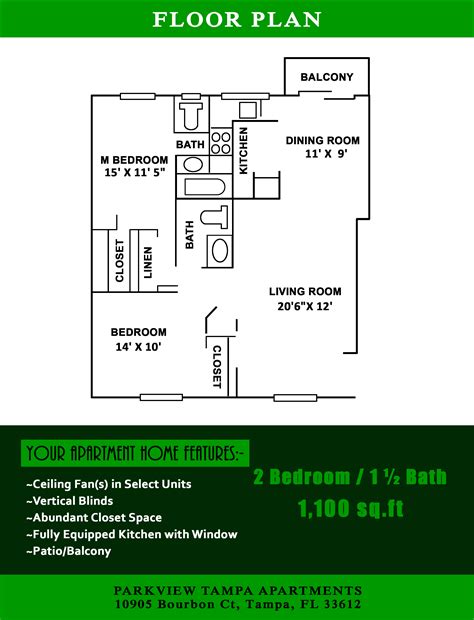Floor Plan of a 2 bedrooms apartment in Tampa FL