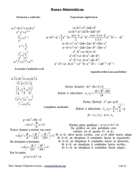 Formulario de Matemáticas para Bachillerato