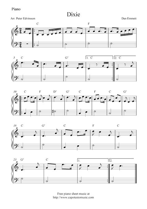 Free beginner piano sheet music notes, Dixie by Dan Emmett