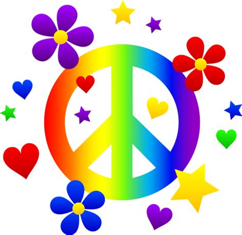 Free clip art of a rainbow peace sign with hearts, stars ...