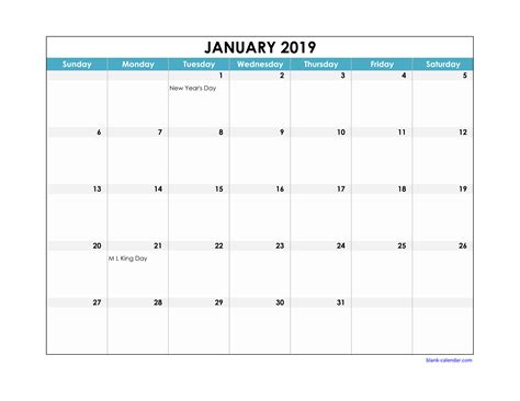 Free Download 2019 Excel Calendar large boxes in the grid ...