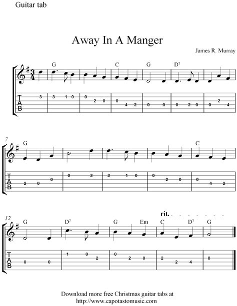 Free easy Christmas guitar tablature sheet music, Away In ...