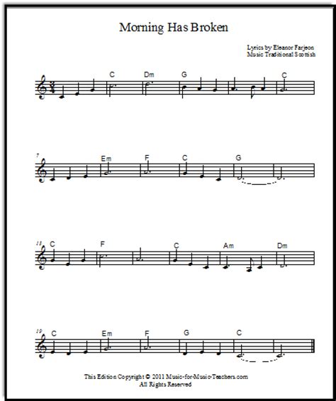 Free Lead Piano Sheet  Morning Has Broken : In Five ...