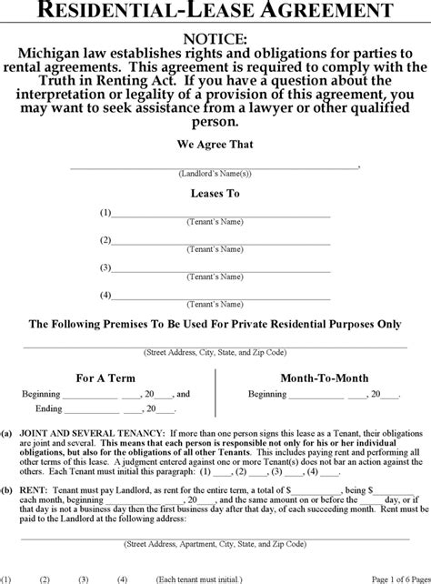 Free Michigan Residential Lease Agreement Form   PDF ...