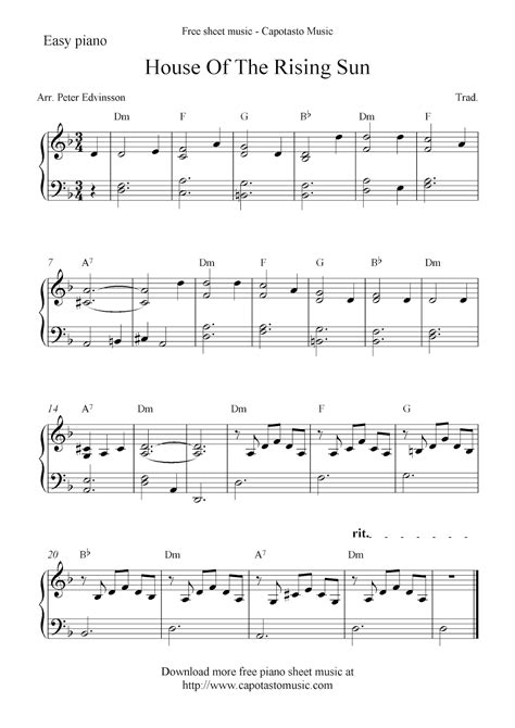 Free piano sheet music score, House Of The Rising Sun