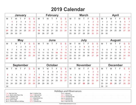 Free Printable Calendar 2019 with Holidays in Word, Excel, PDF