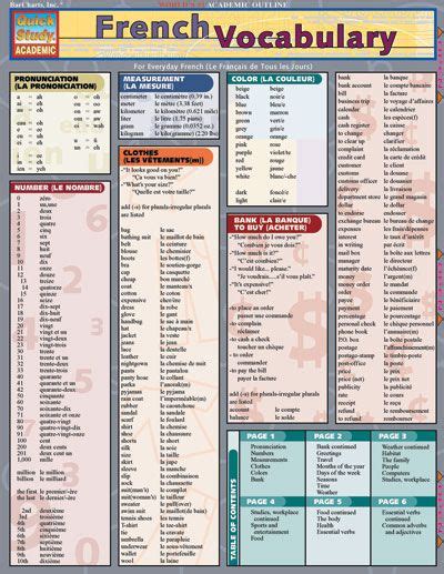 FRENCH VOCABULARY QuickStudy® $5.95 6 page laminated guide ...