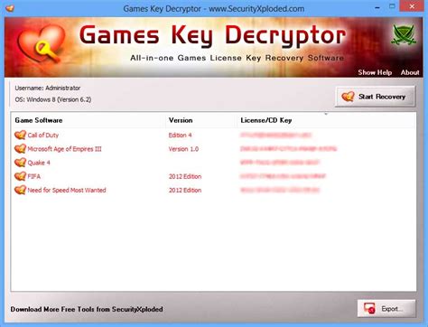 GamesKeyDecryptor showing recovered passwords