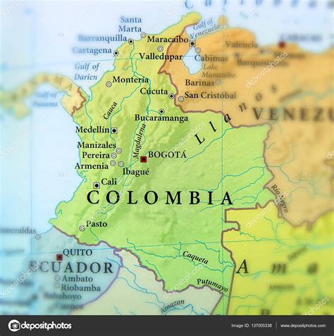 Geographic map of Columbia countries with important cities ...