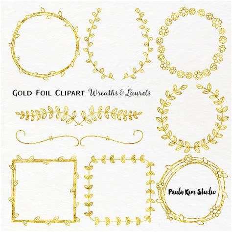 Gold Foil Laurel and Wreath Frame Clipart Wedding Clip Art