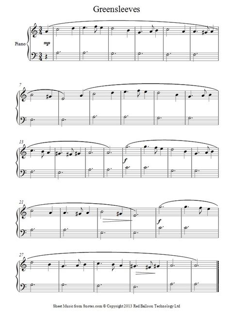 Greensleeves  beginners  sheet music for Piano | Sheet ...