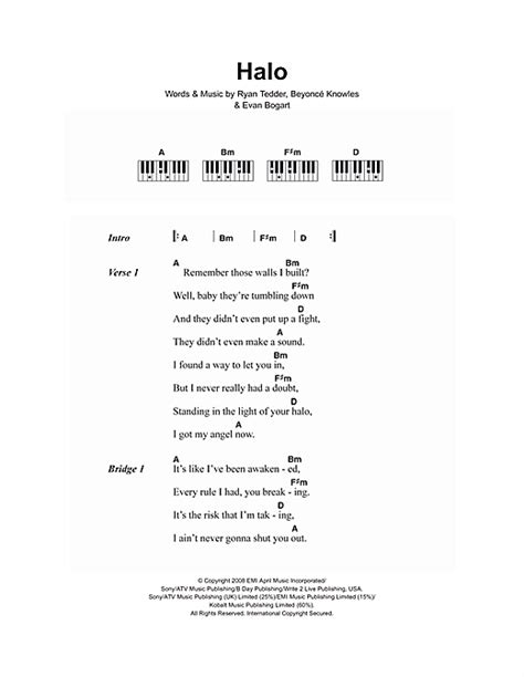 Halo sheet music by Beyoncé  Lyrics & Piano Chords – 106727