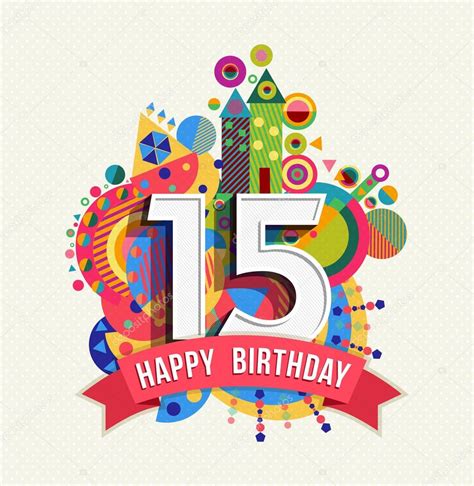 Happy birthday 15 year greeting card poster color — Stock ...