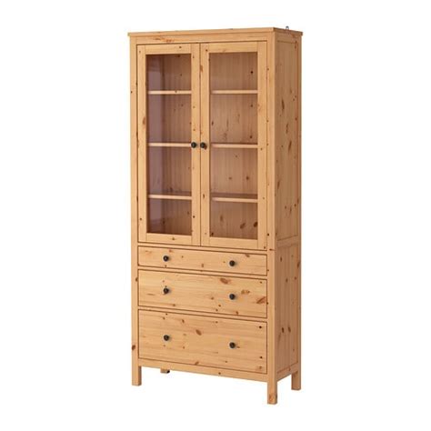HEMNES Glass door cabinet with 3 drawers   light brown   IKEA